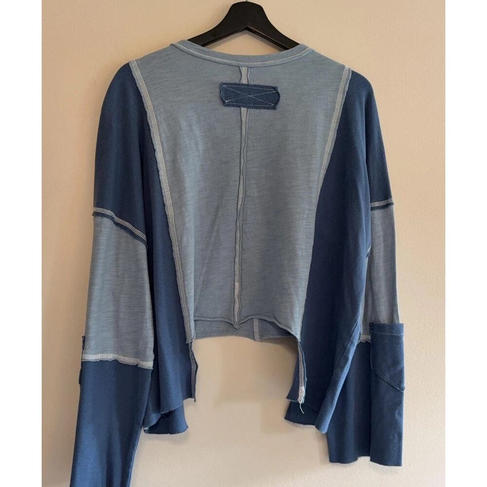 SHEIN Shirt Womens Small Blue Colorblock Long Sleeve Pocket Jersey Distressed - Picture 2 of 10